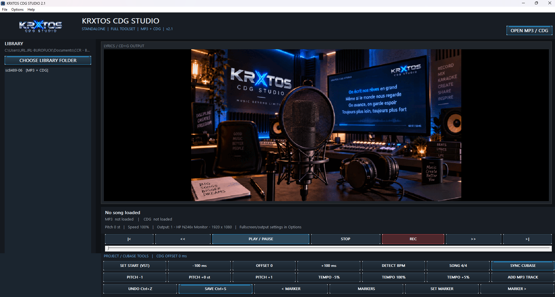 KRXTOS CDG Studio main interface with MP3+G karaoke playback controls